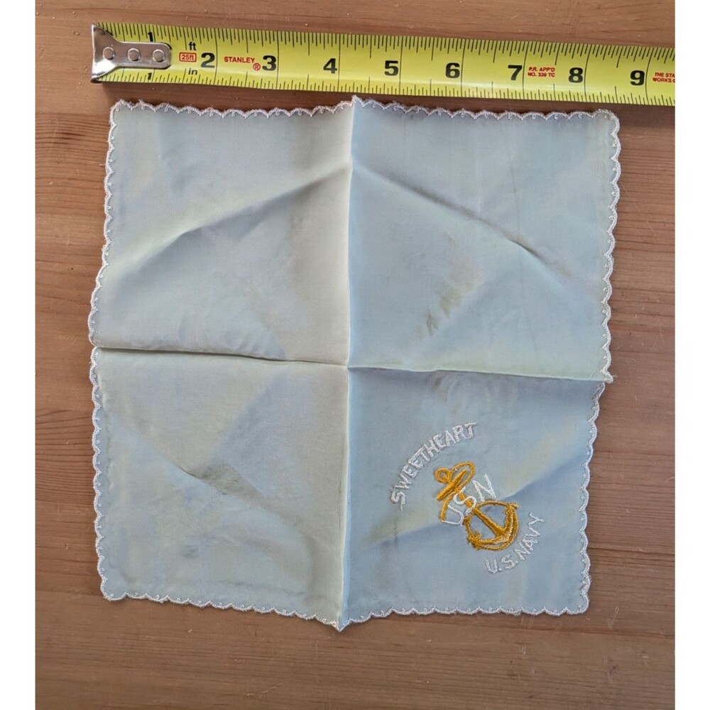 WW2 US Navy USN Sweetheart Homefront Hankie Pastel Green Silk Satin Embroidered